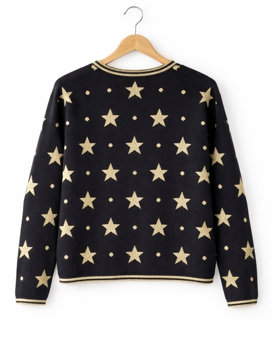 First Issue Chic Celestial Star Black Metallic Gold Button Front Knit Cardigan - Picture 2 of 11